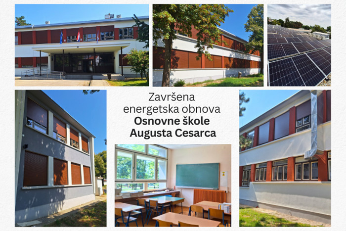 Kolaž s šest fotografija OŠ Augusta Cesarca. Jedna prikazuje ulaz, druga učionicu, treća solarne panele i tri preostale fasadu.