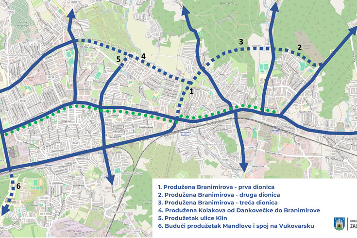 Karta grada Zagreba s ucrtanim planiranim produžetcima Kolakove i Branimirove ulice.