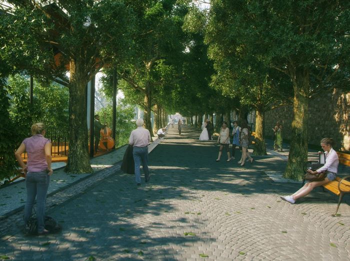 Računalno generirana slika Strossmayerovog šetališta. S lijeve strane je paviljon iznad litice i šetalište je popločano.