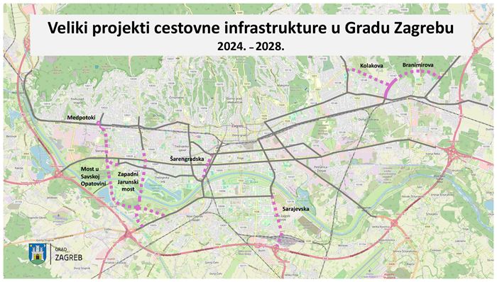 Karta grada Zagreba s ucrtanim planiranim prometnim pravcima.